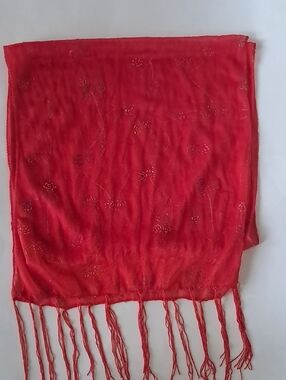 Red Women's Scarf with Fringe - Sheer Elegant Embossed Boho Festival Design